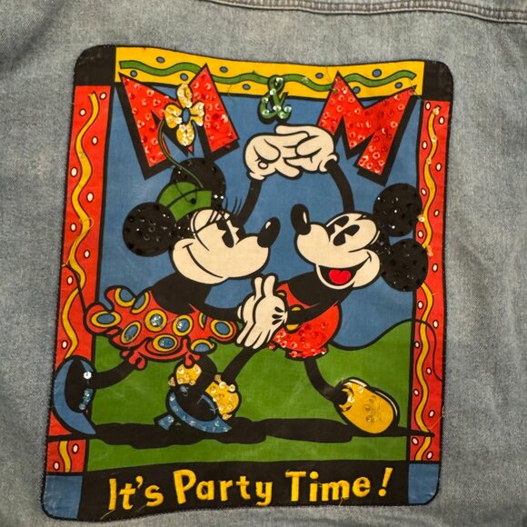 Vintage Mickey & Co Disney Denim Jacket It’s Party Time Sequin Back Patch 90s - Picture 2 of 9